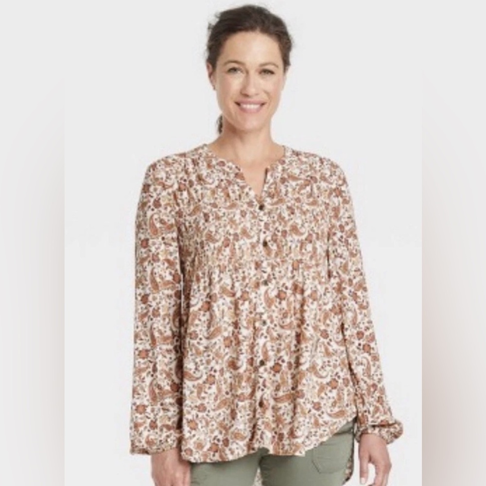 Knox Rose Paisley Long Sleeve Smocked Button Front Blouse Size L Burnt Orange